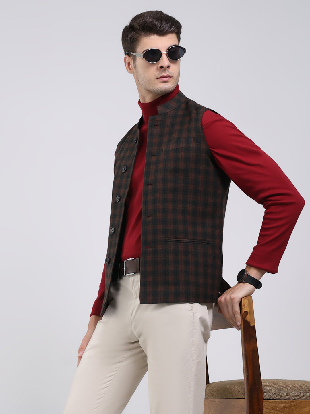 Men Brown Solid Band Neck Sleeveless Jacket