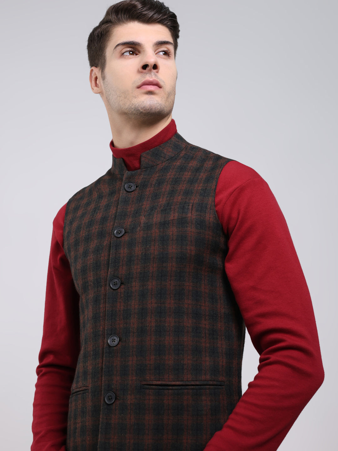 Men Brown Solid Band Neck Sleeveless Jacket