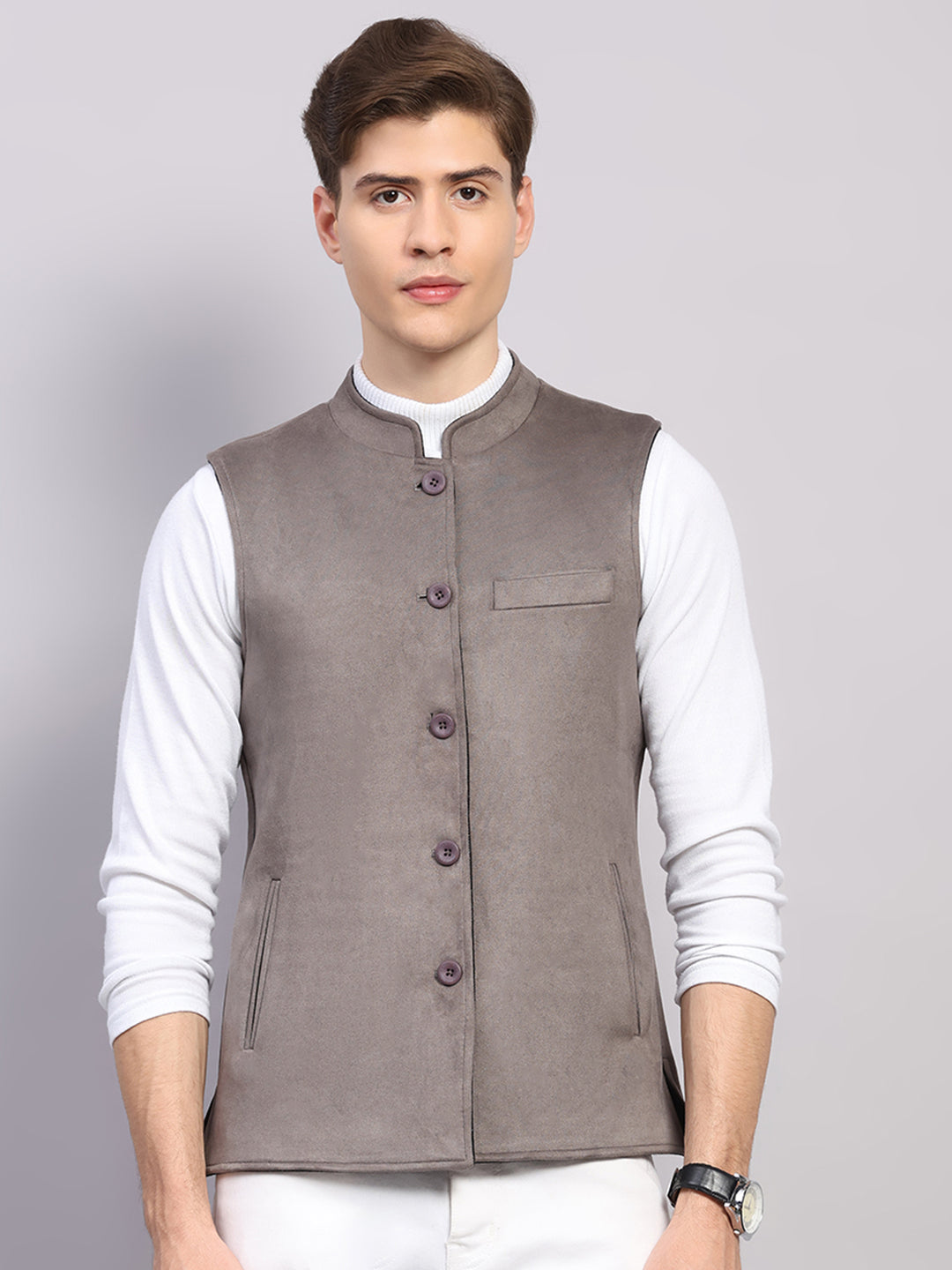Men Black Check Collar Sleeveless Reversible Nehru Jacket