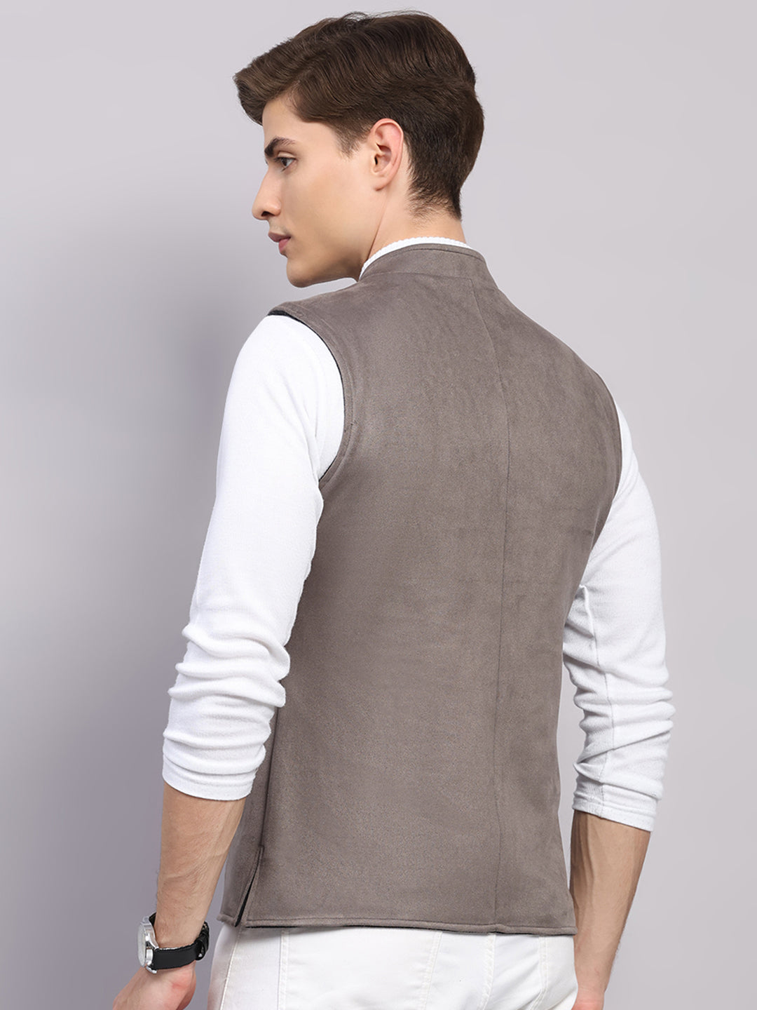 Men Black Check Collar Sleeveless Reversible Nehru Jacket