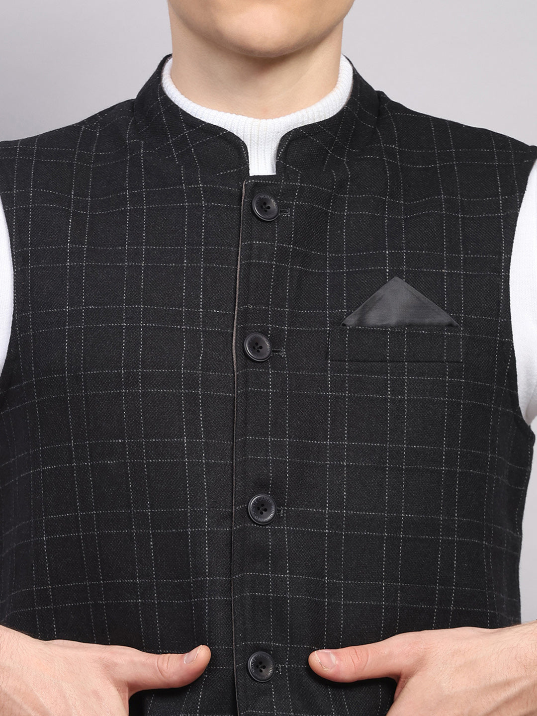 Men Black Check Collar Sleeveless Reversible Nehru Jacket
