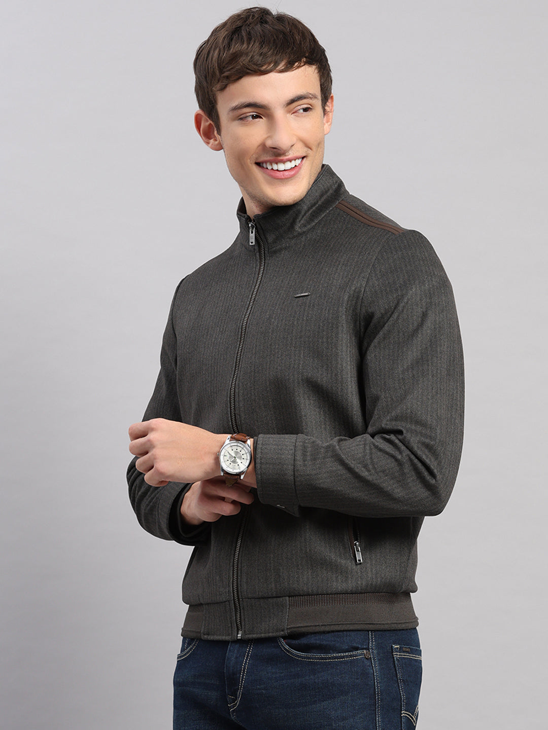 Men Brown Stripe Stand Collar Full Sleeve Jacket