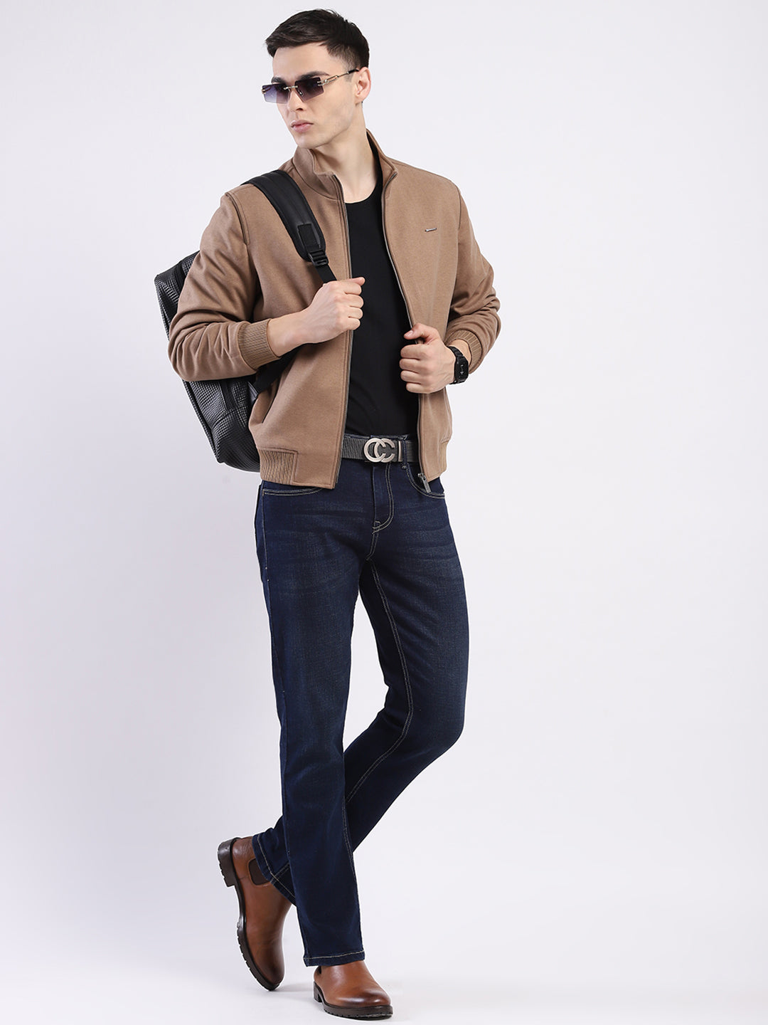 Men Tan Solid Mock Neck Full Sleeve Jacket