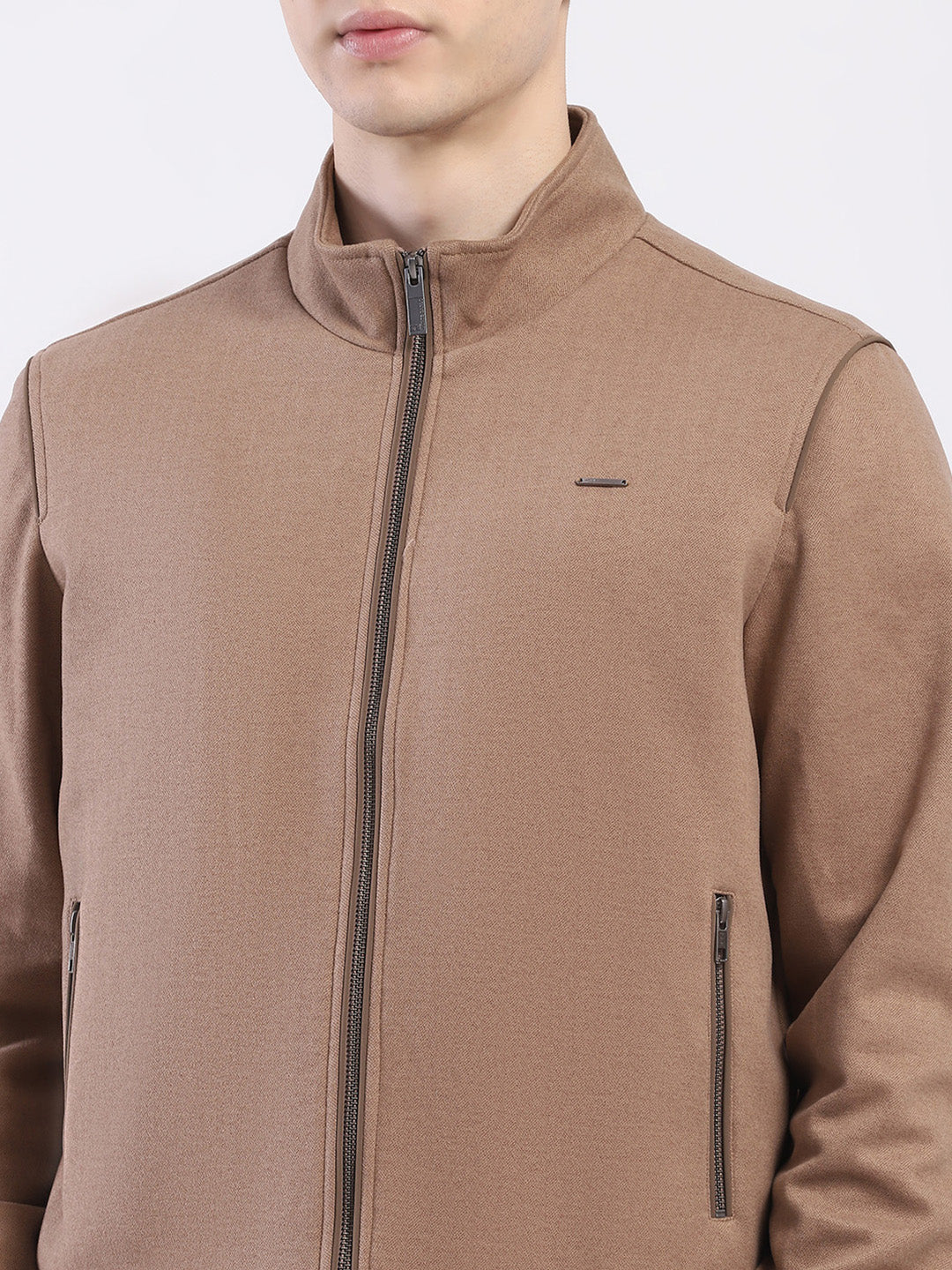 Men Tan Solid Mock Neck Full Sleeve Jacket
