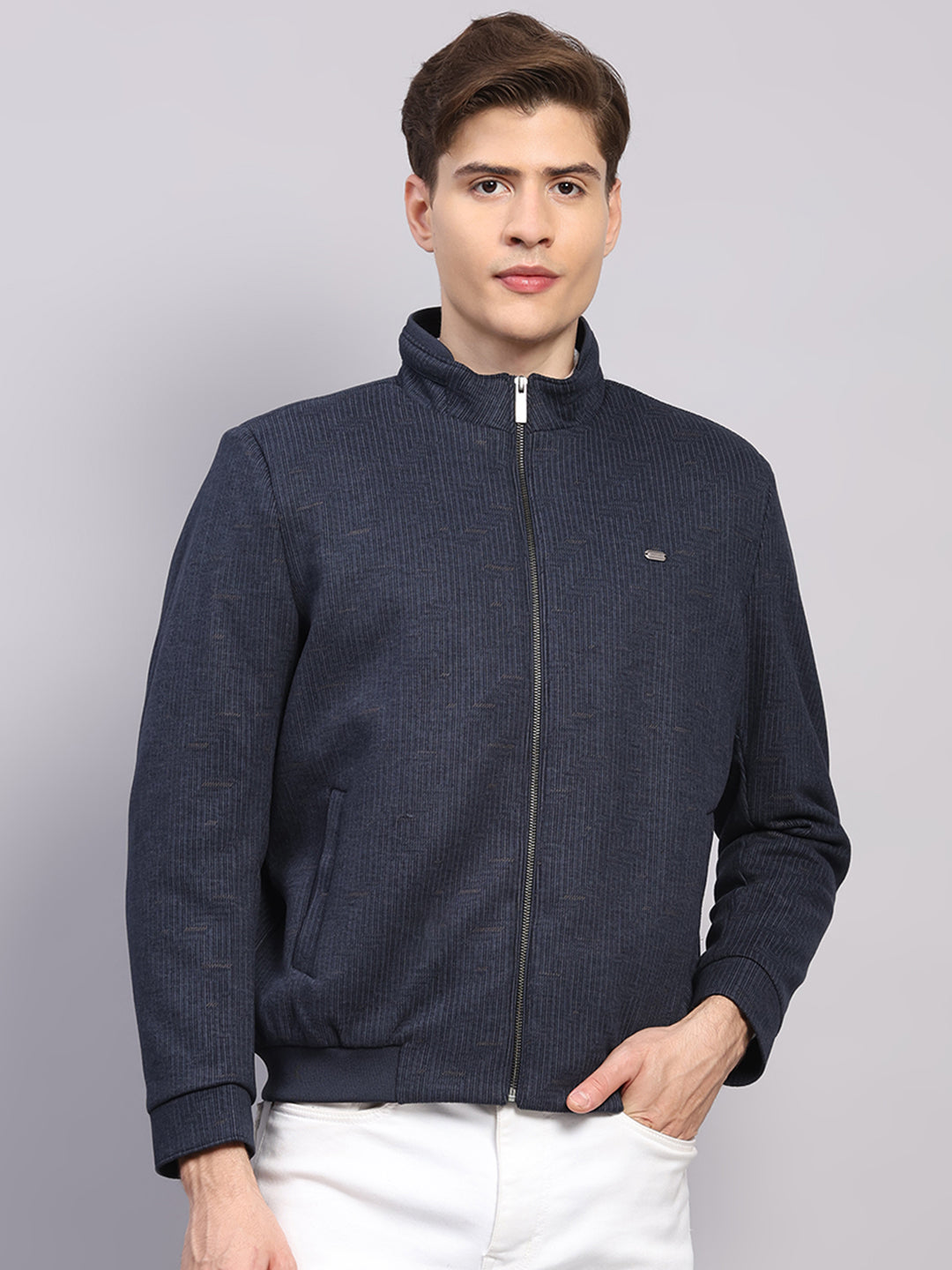 Men Blue Printed Mock Neck Full Sleeve Jacket