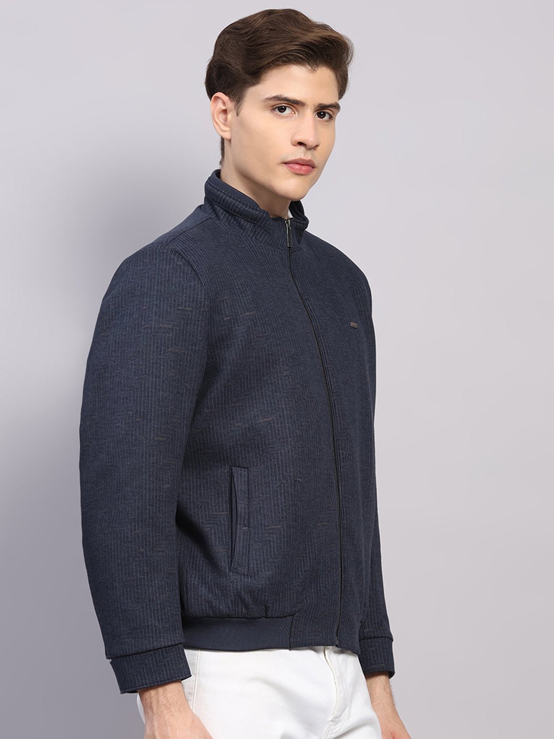 Men Blue Printed Mock Neck Full Sleeve Jacket