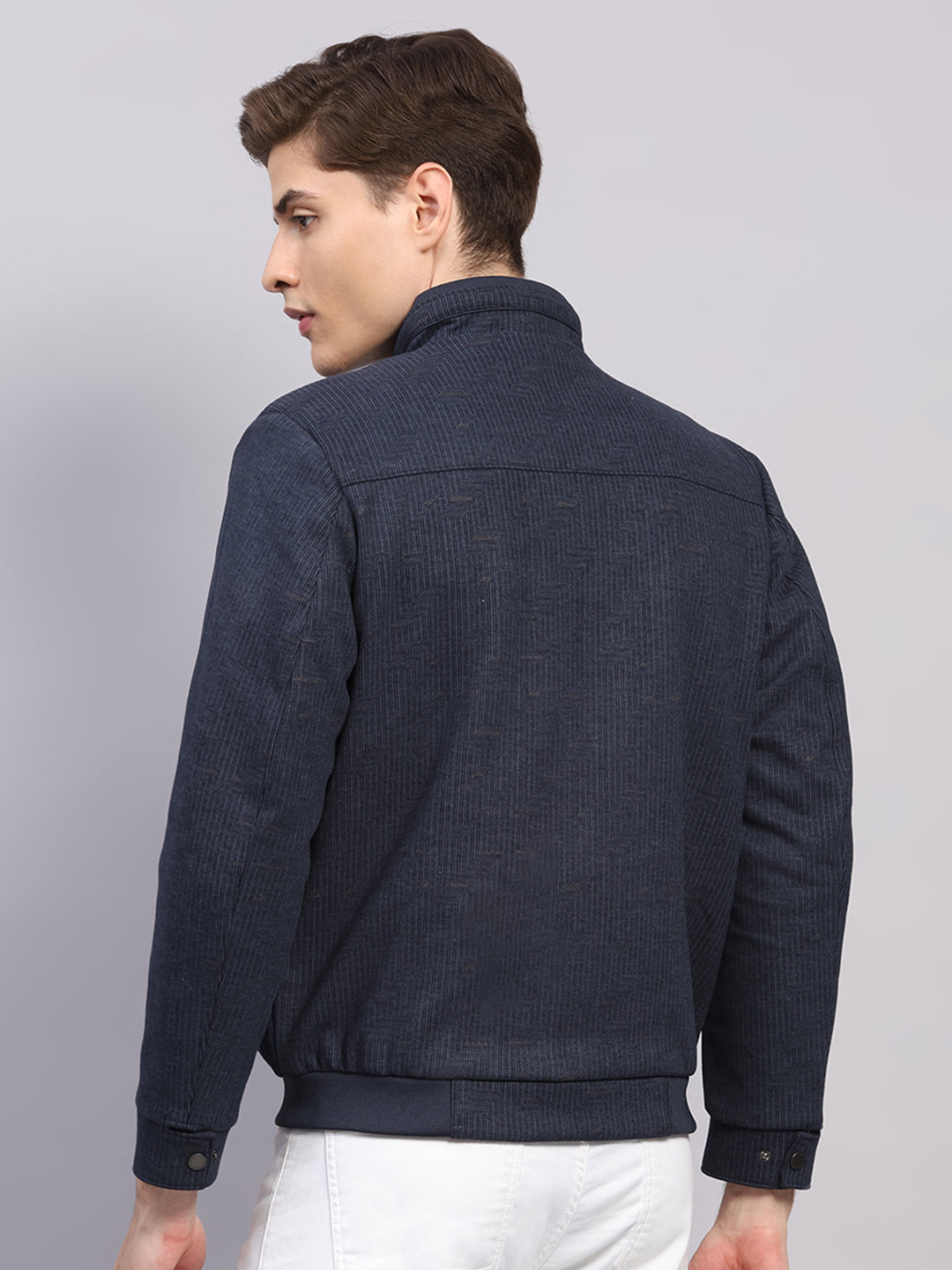 Men Blue Printed Mock Neck Full Sleeve Jacket