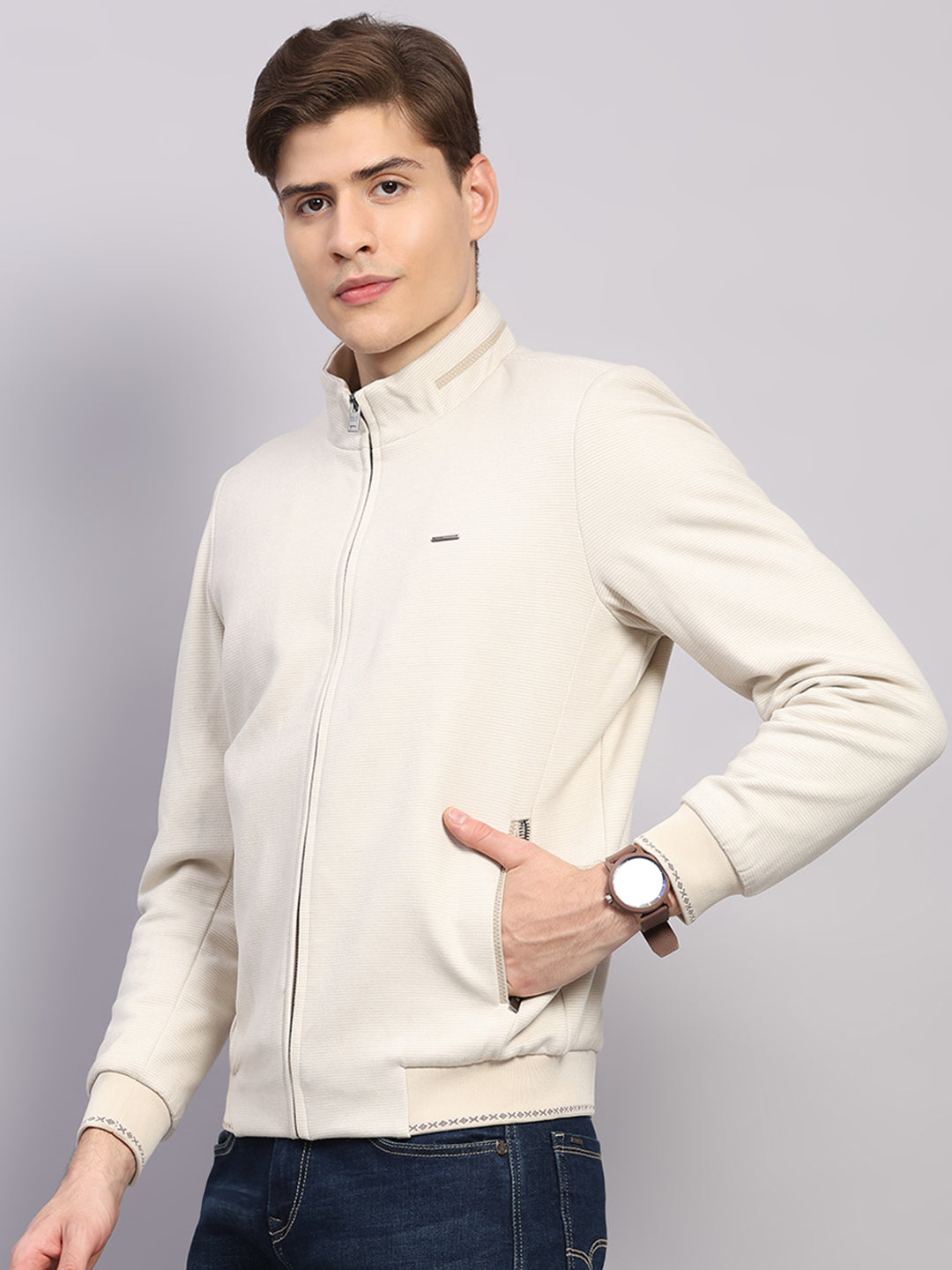Men Off White Solid Mock Neck Full Sleeve Jacket