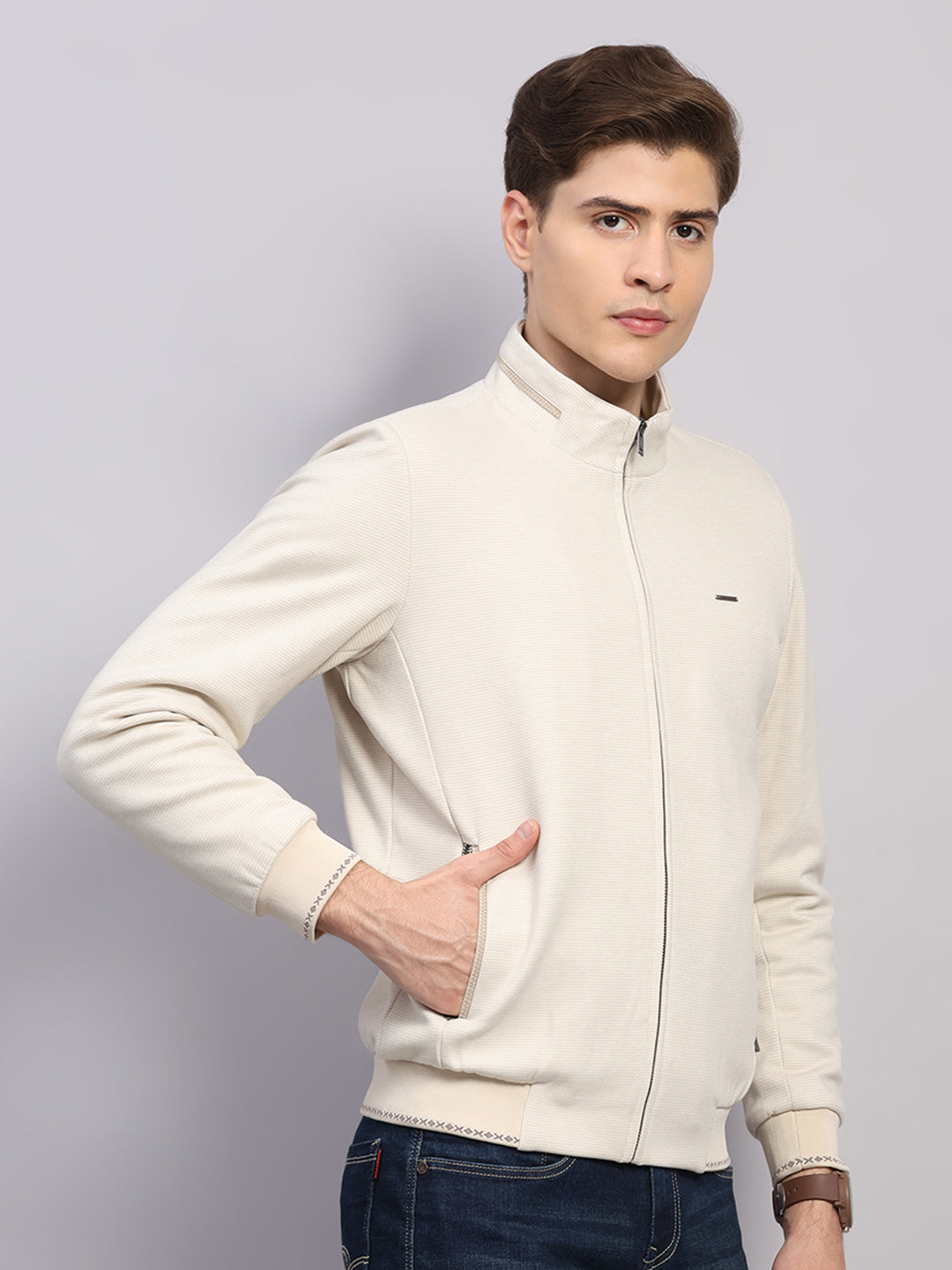 Men Off White Solid Mock Neck Full Sleeve Jacket