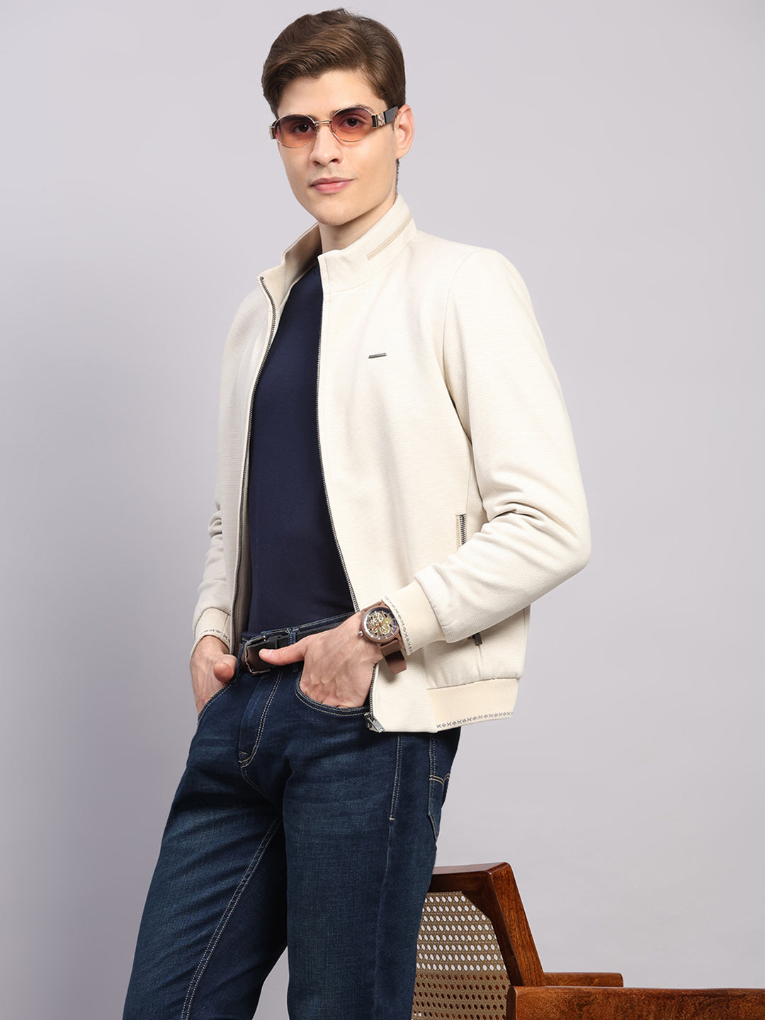 Men Off White Solid Mock Neck Full Sleeve Jacket