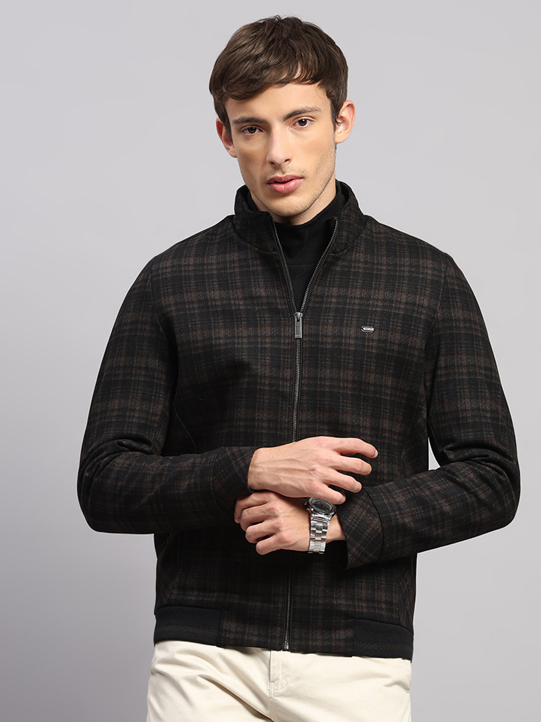 Men Brown Check Mock Neck Full Sleeve Jacket