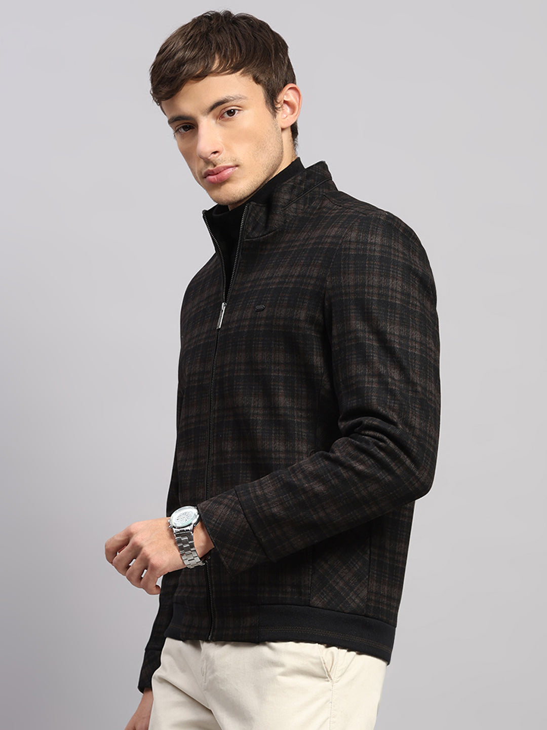 Men Brown Check Mock Neck Full Sleeve Jacket