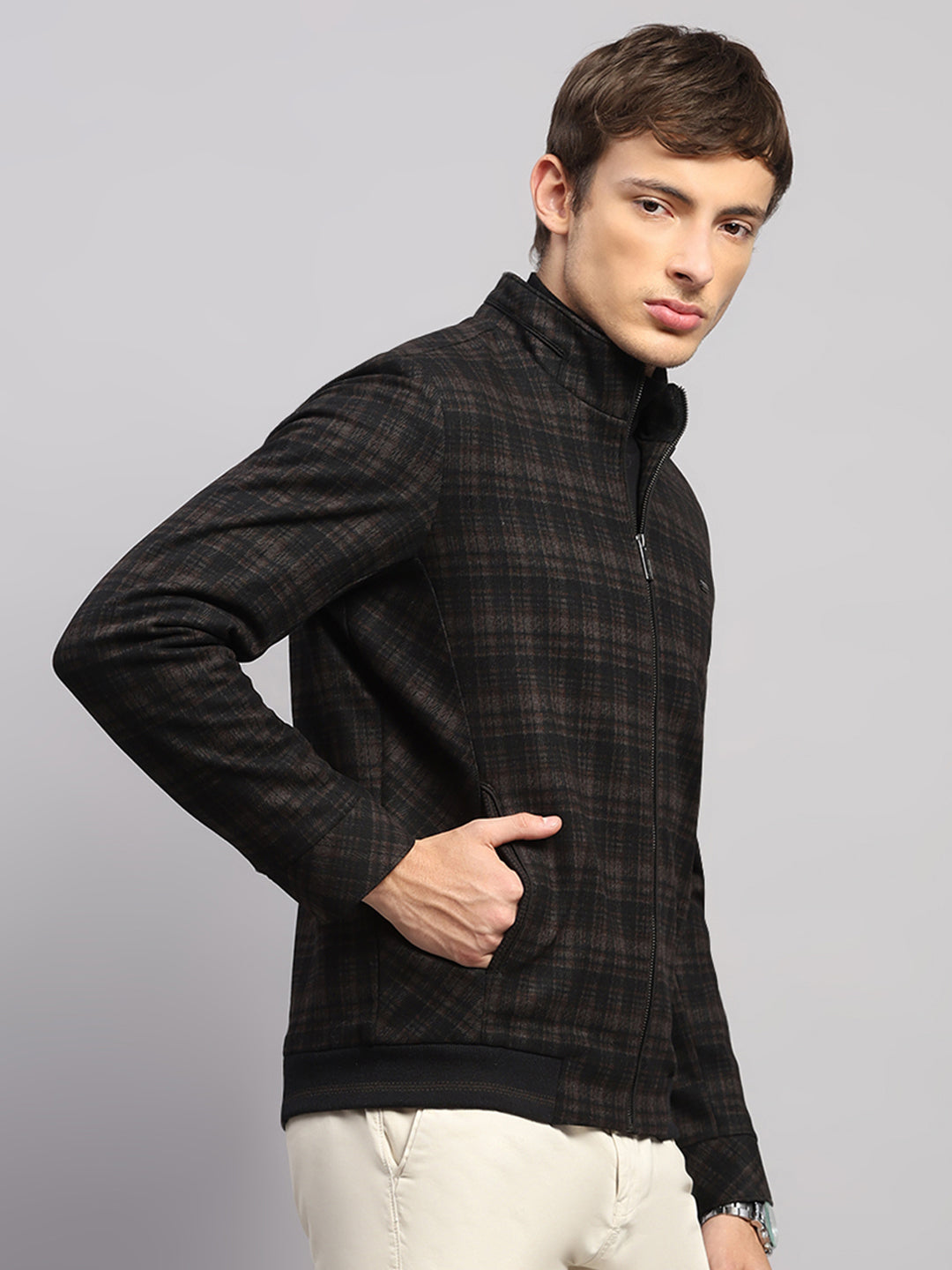 Men Brown Check Mock Neck Full Sleeve Jacket