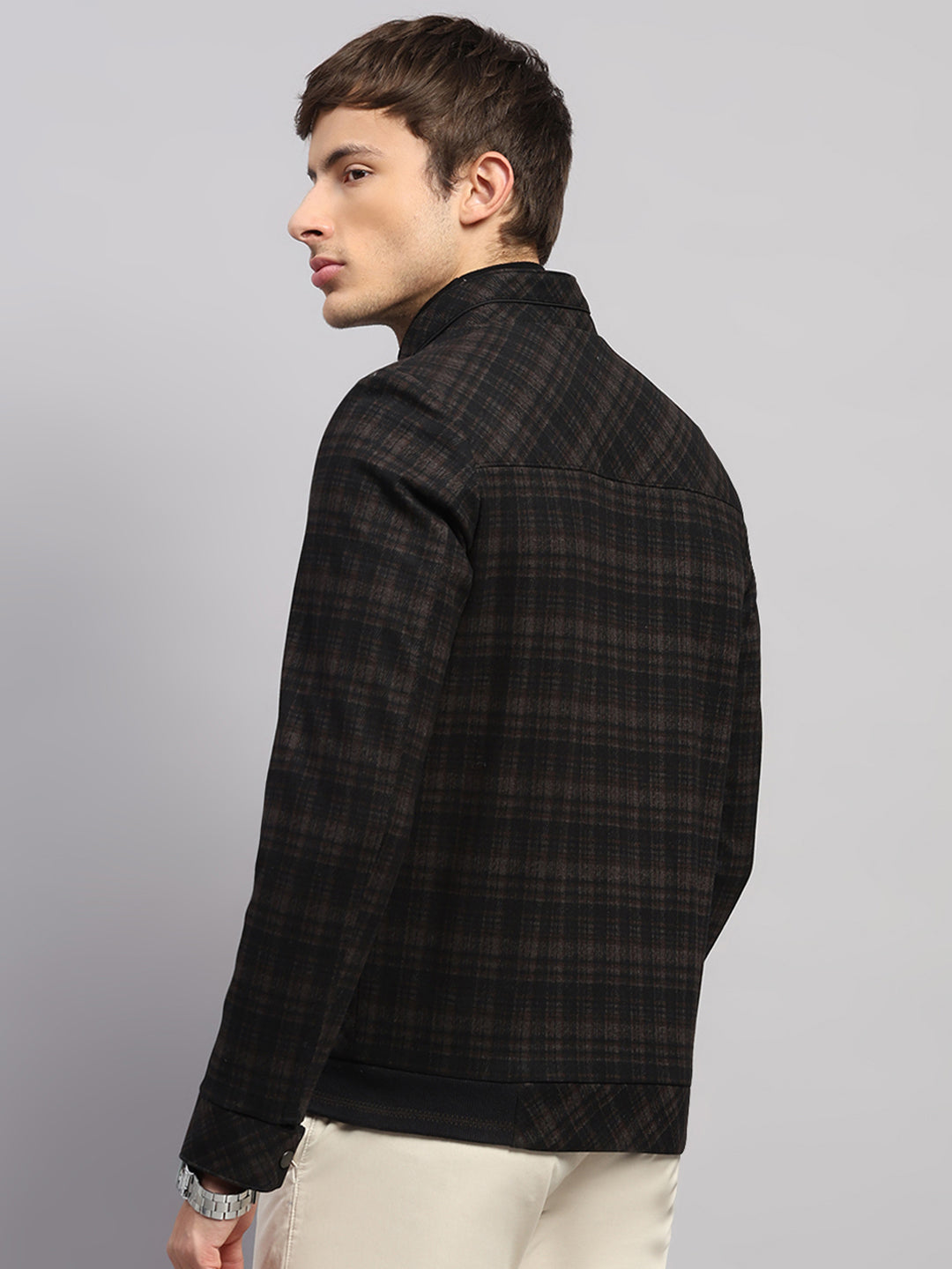 Men Brown Check Mock Neck Full Sleeve Jacket