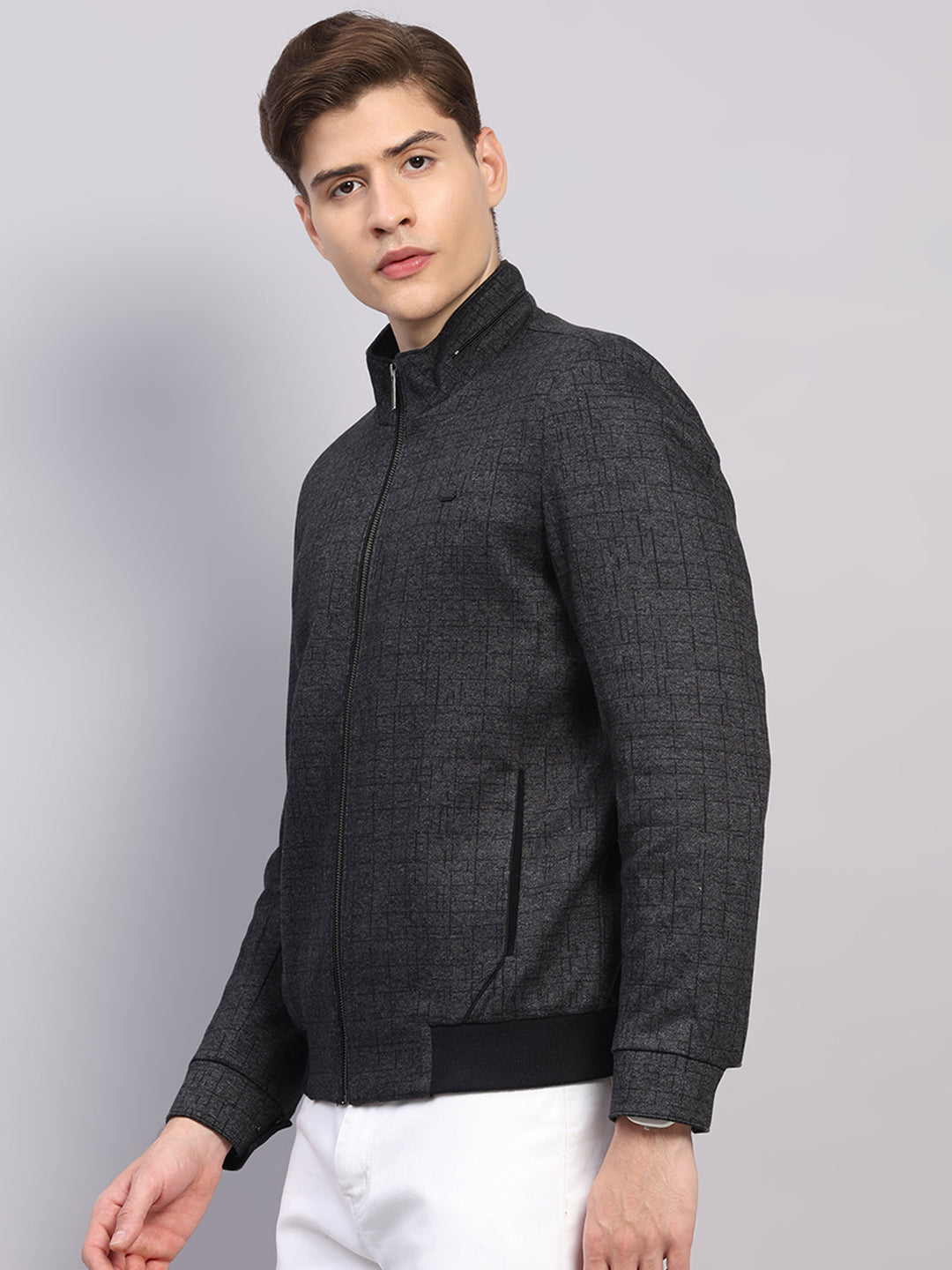 Men Black Solid Mock Neck Full Sleeve Jacket