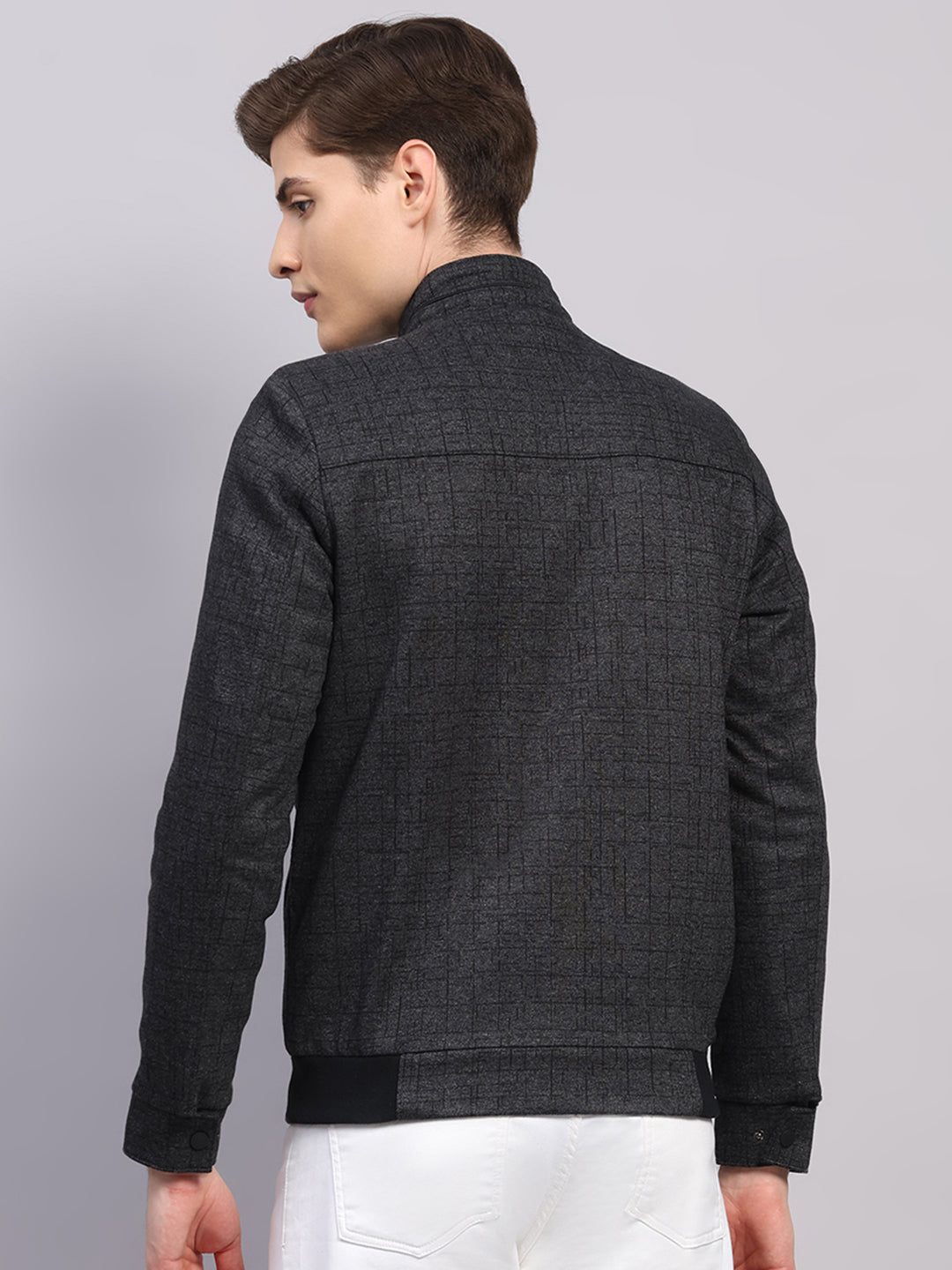 Men Black Solid Mock Neck Full Sleeve Jacket