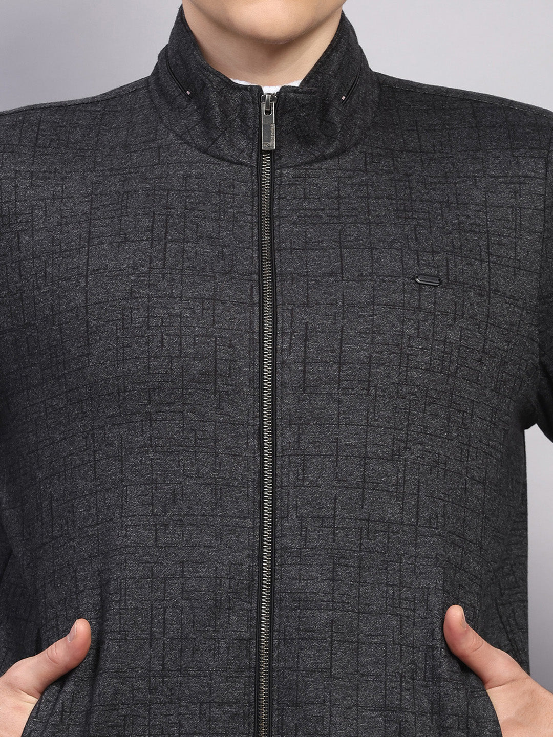 Men Black Solid Mock Neck Full Sleeve Jacket