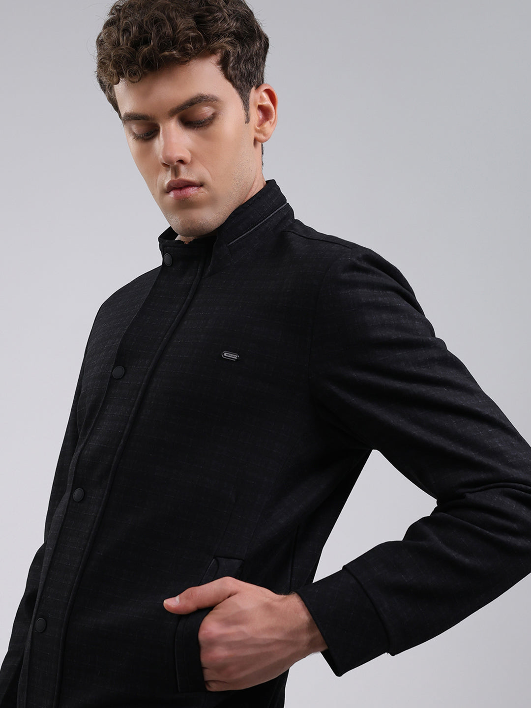 Men Black Solid Stand Collar Full Sleeve Jacket