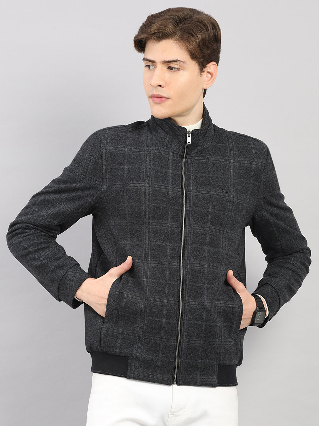 Men Charcoal Check Stand Collar Full Sleeve Jacket