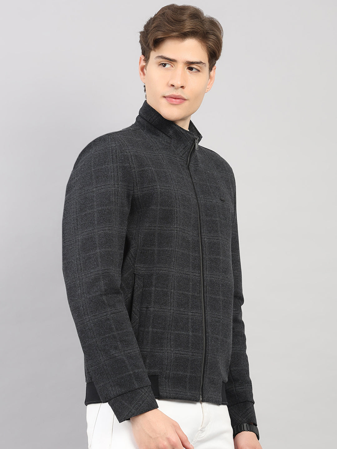 Men Charcoal Check Stand Collar Full Sleeve Jacket