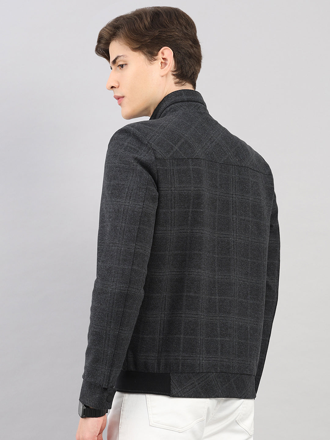 Men Charcoal Check Stand Collar Full Sleeve Jacket