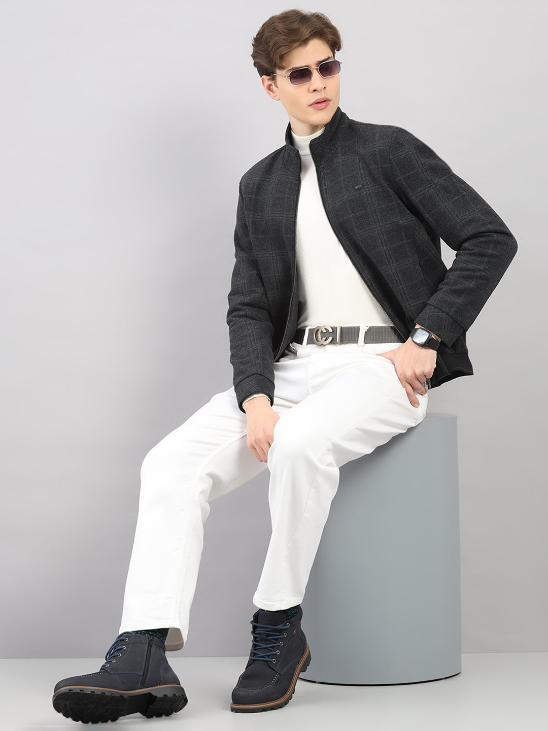 Men Charcoal Check Stand Collar Full Sleeve Jacket