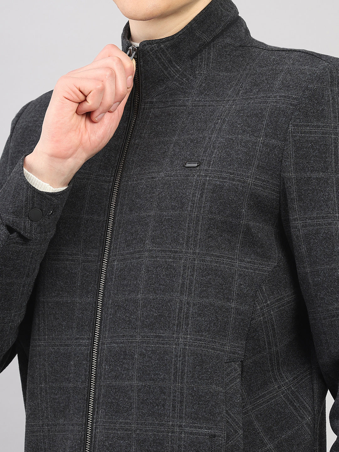 Men Charcoal Check Stand Collar Full Sleeve Jacket