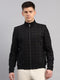 Men Navy Blue Check Mandarin Neck Full Sleeve Jacket