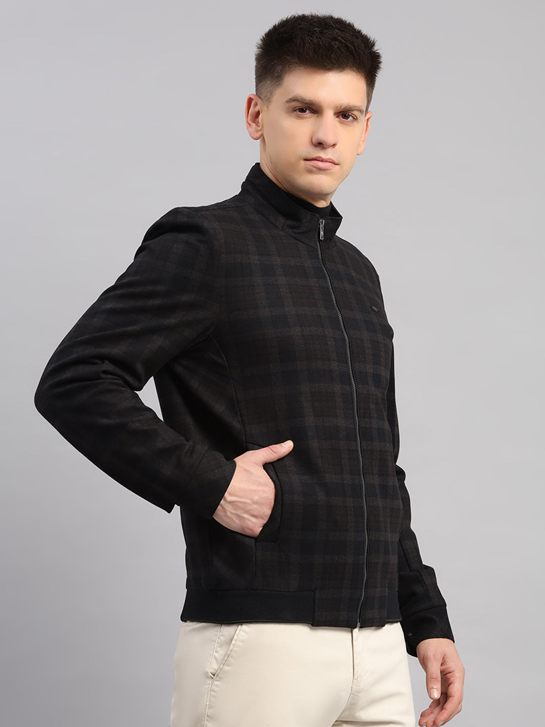 Men Navy Blue Check Mandarin Neck Full Sleeve Jacket