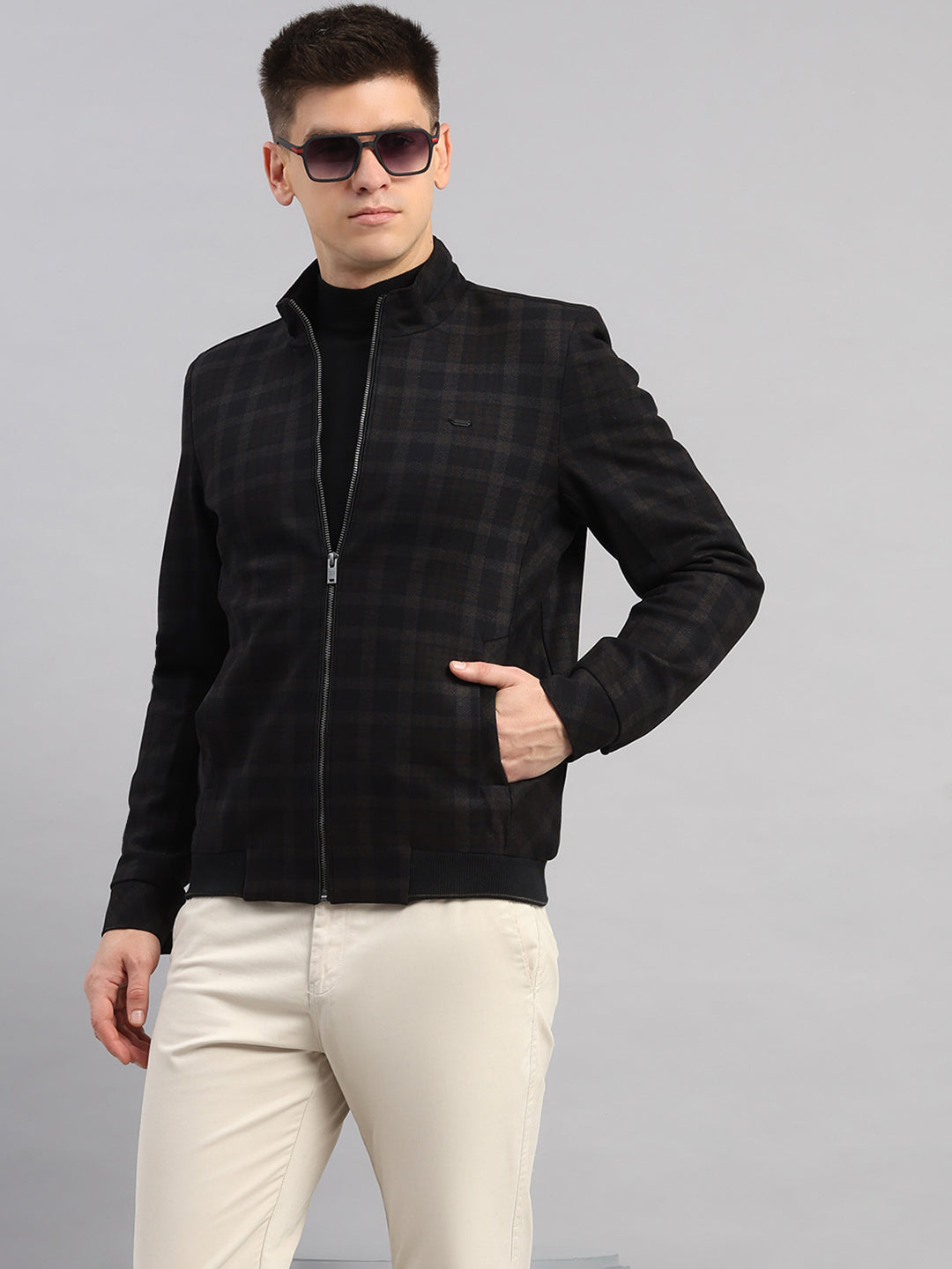 Men Navy Blue Check Mandarin Neck Full Sleeve Jacket