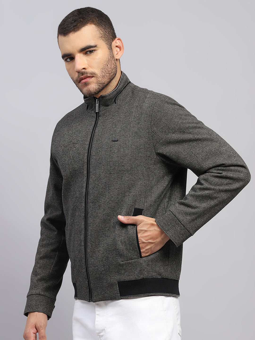 Men Brown Solid Stand Collar Full Sleeve Jacket