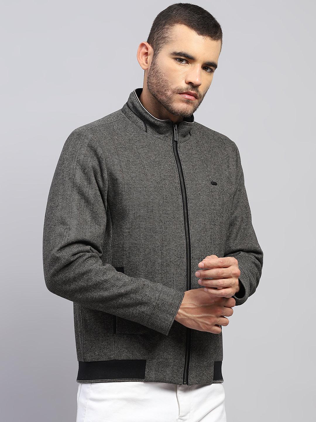 Men Brown Solid Stand Collar Full Sleeve Jacket