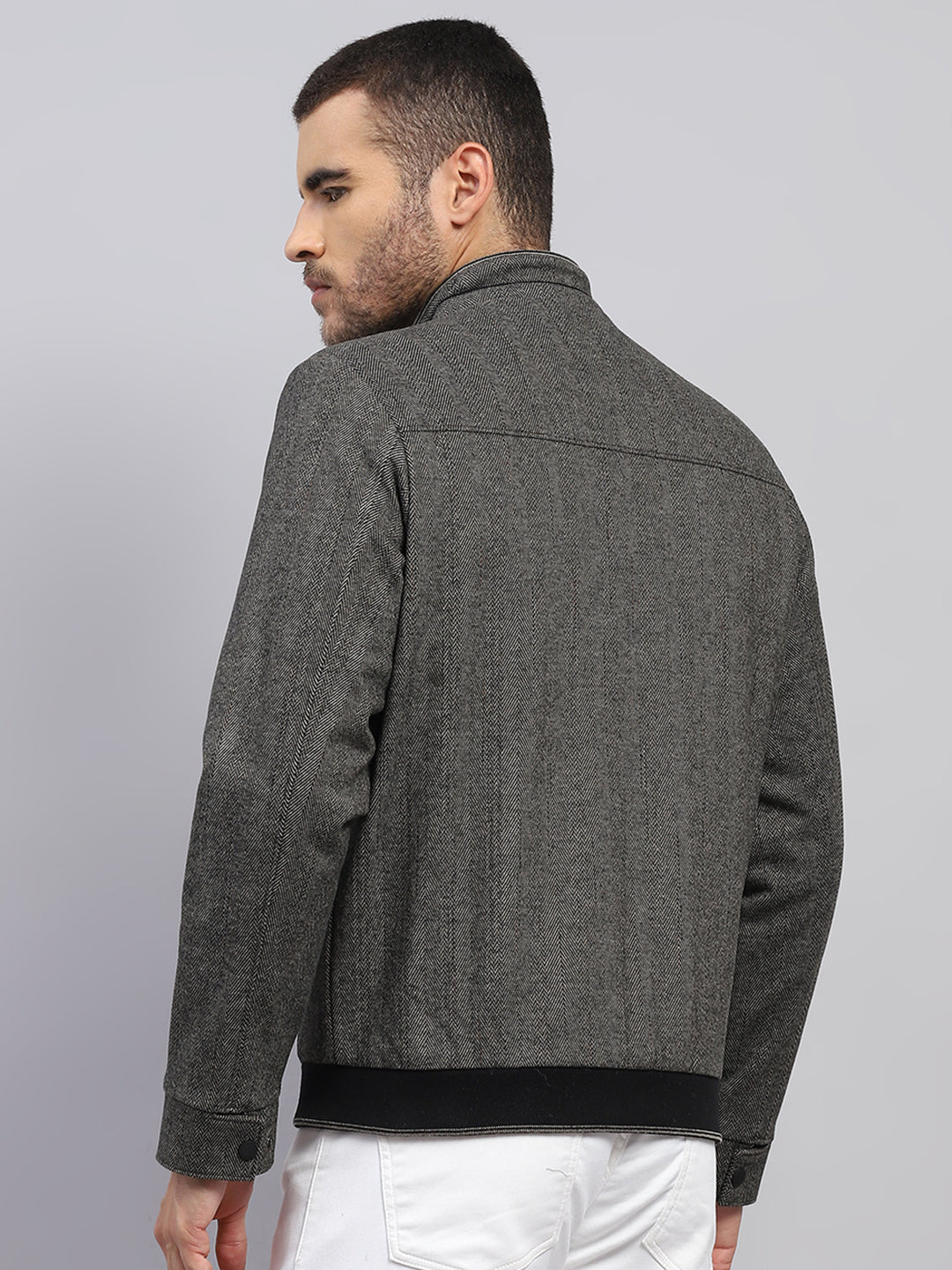 Men Brown Solid Stand Collar Full Sleeve Jacket