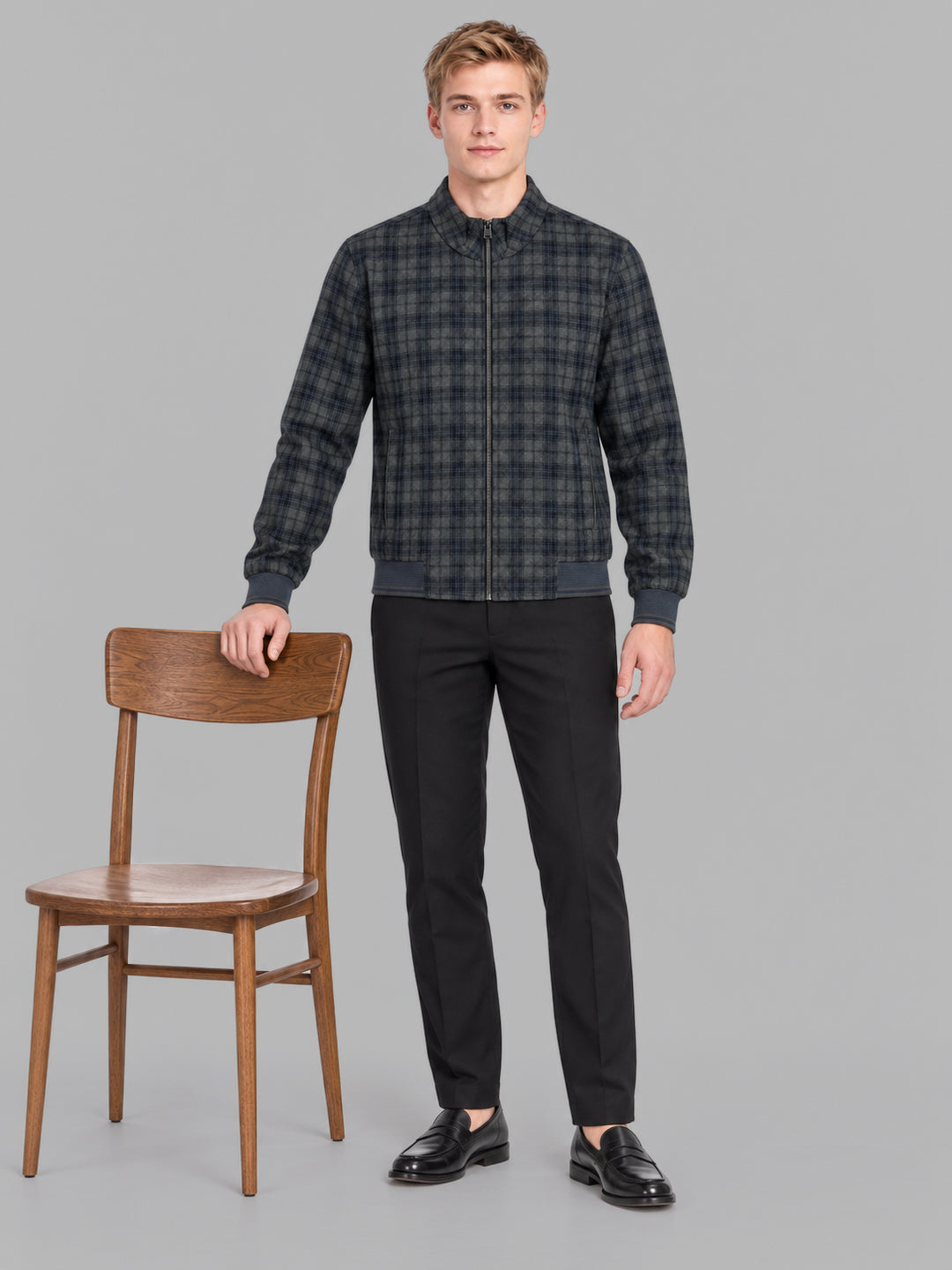 Men Blue Check Mock Neck Full Sleeve Jacket