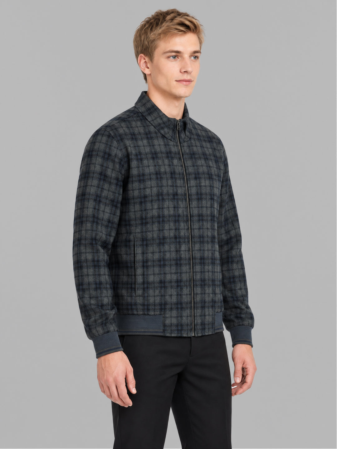 Men Blue Check Mock Neck Full Sleeve Jacket