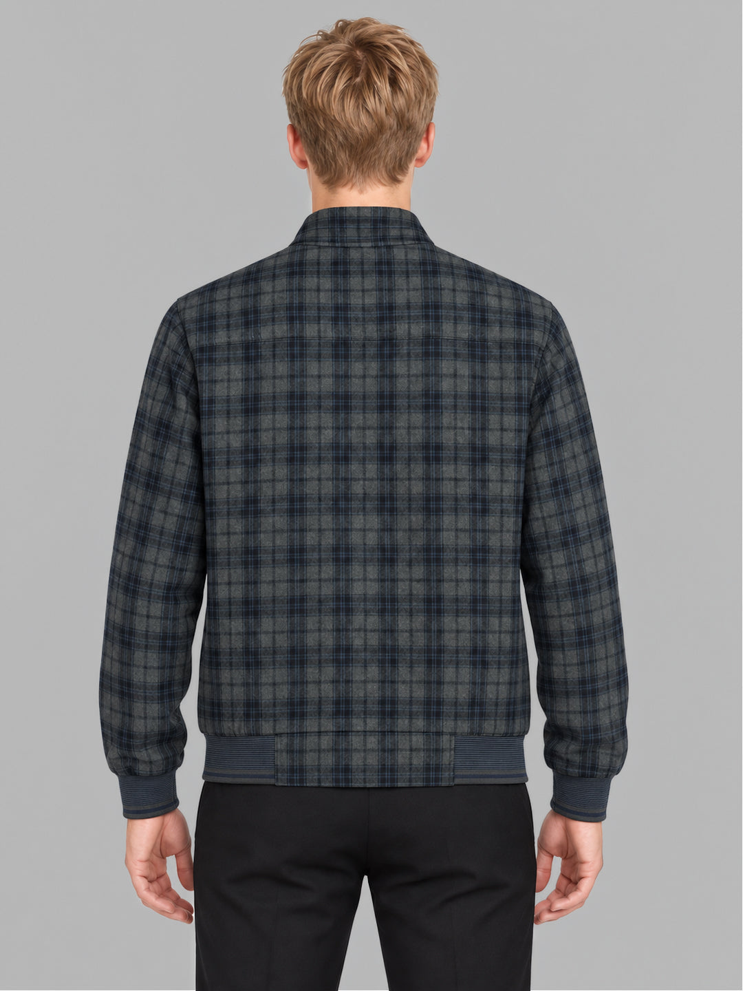 Men Blue Check Mock Neck Full Sleeve Jacket