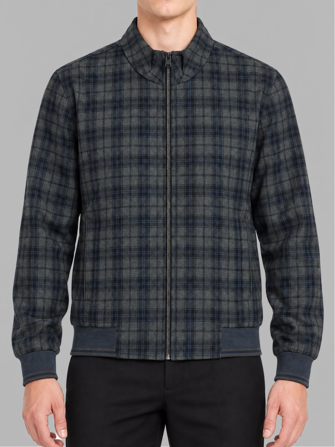 Men Blue Check Mock Neck Full Sleeve Jacket