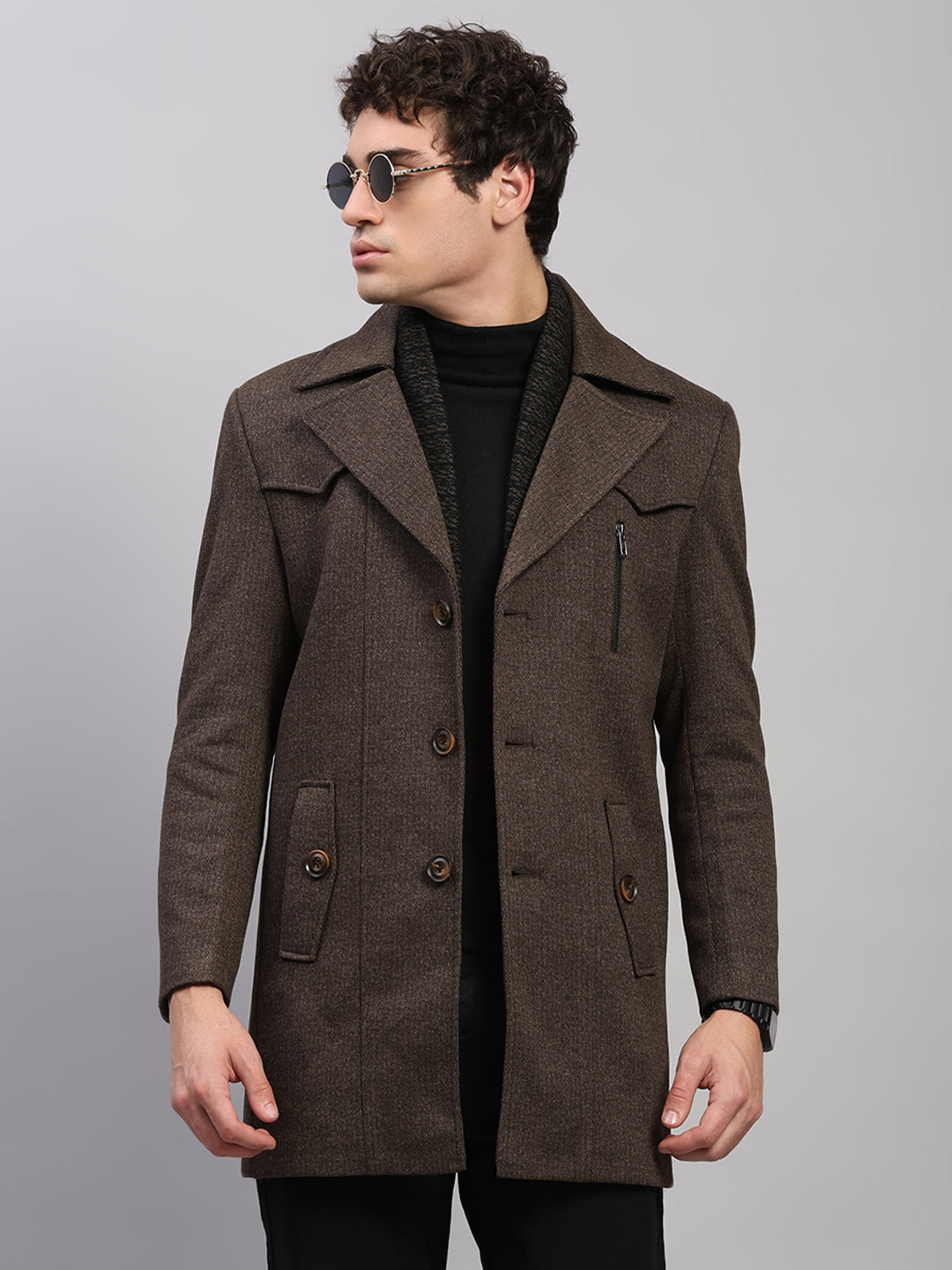 Men Brown Solid Collar Full Sleeve Coat
