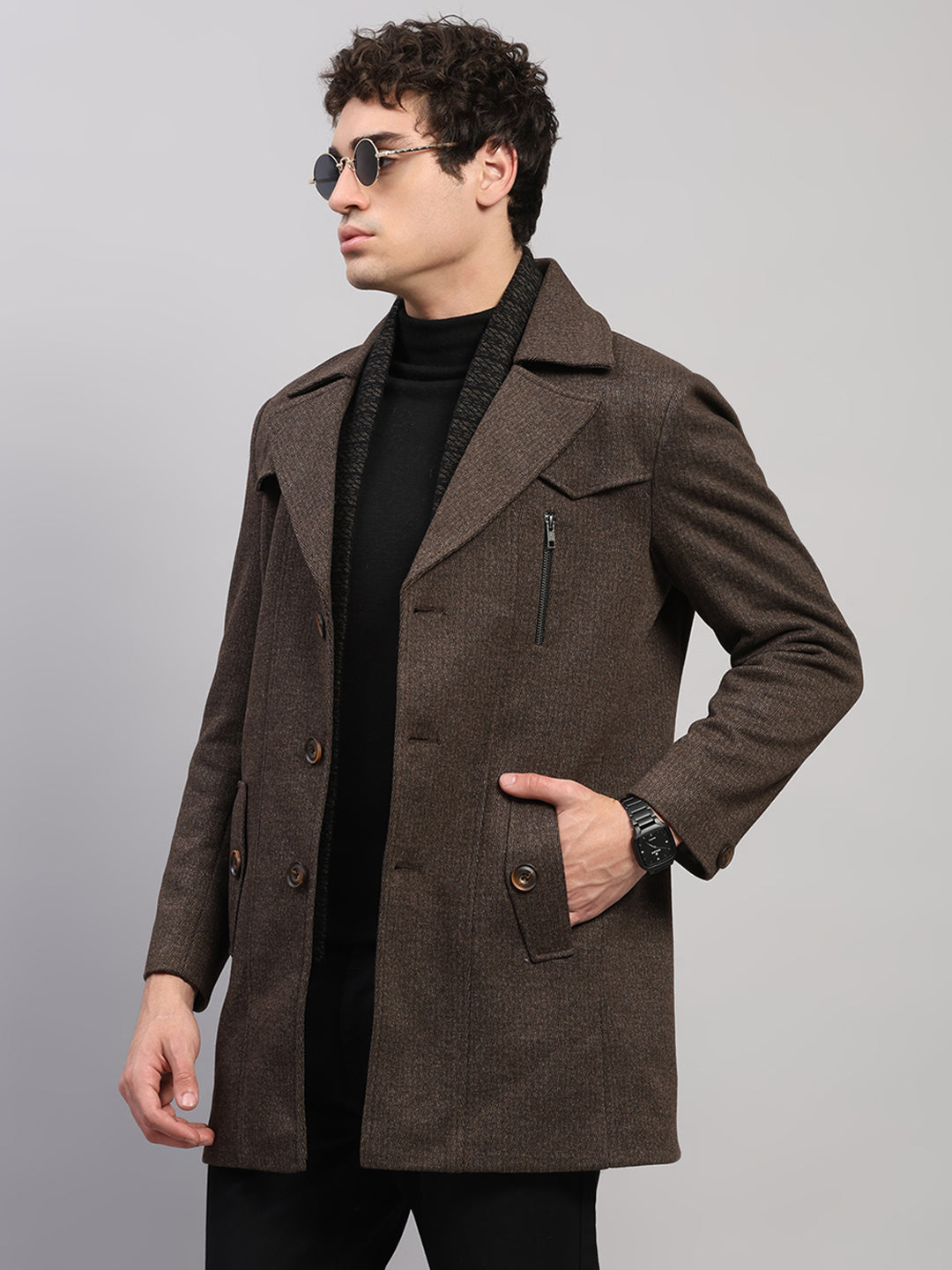Men Brown Solid Collar Full Sleeve Coat