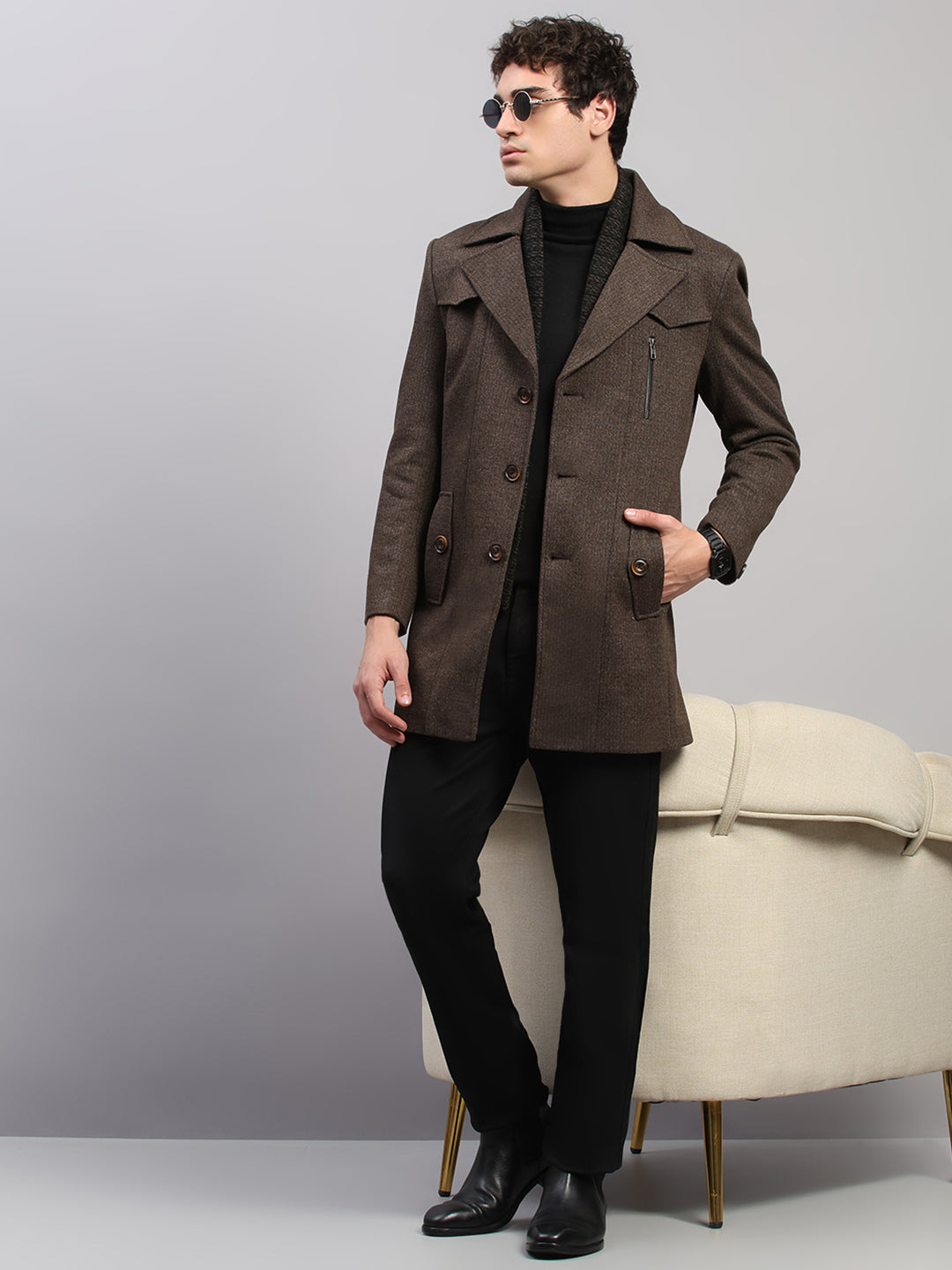 Men Brown Solid Collar Full Sleeve Coat