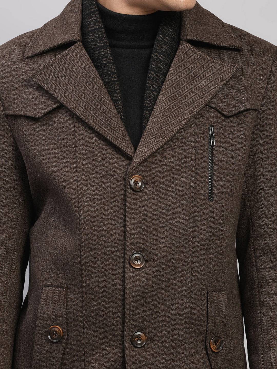 Men Brown Solid Collar Full Sleeve Coat