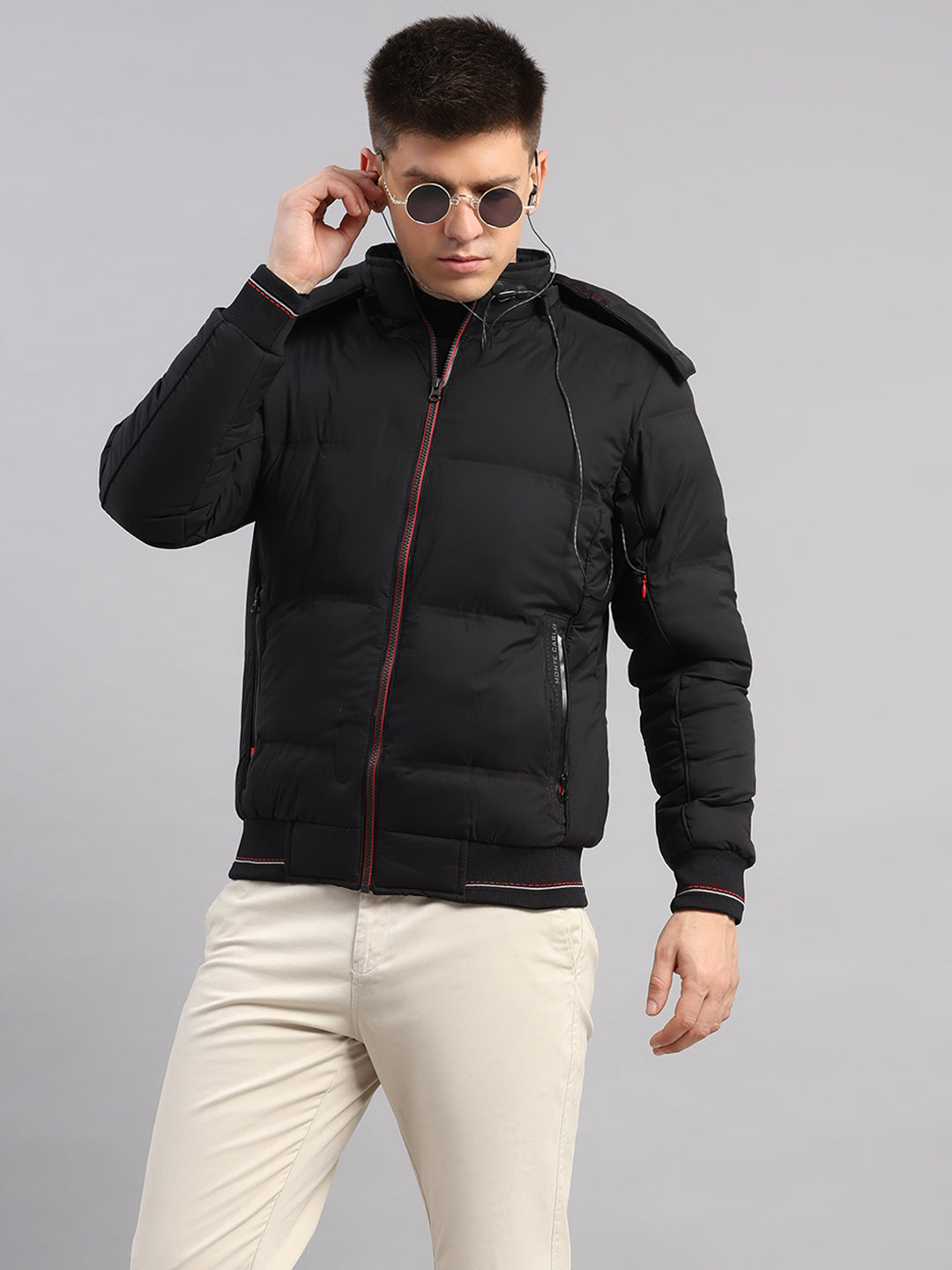 Men Black Smart Hooded Jacket with Integrated Magnetic Earphones