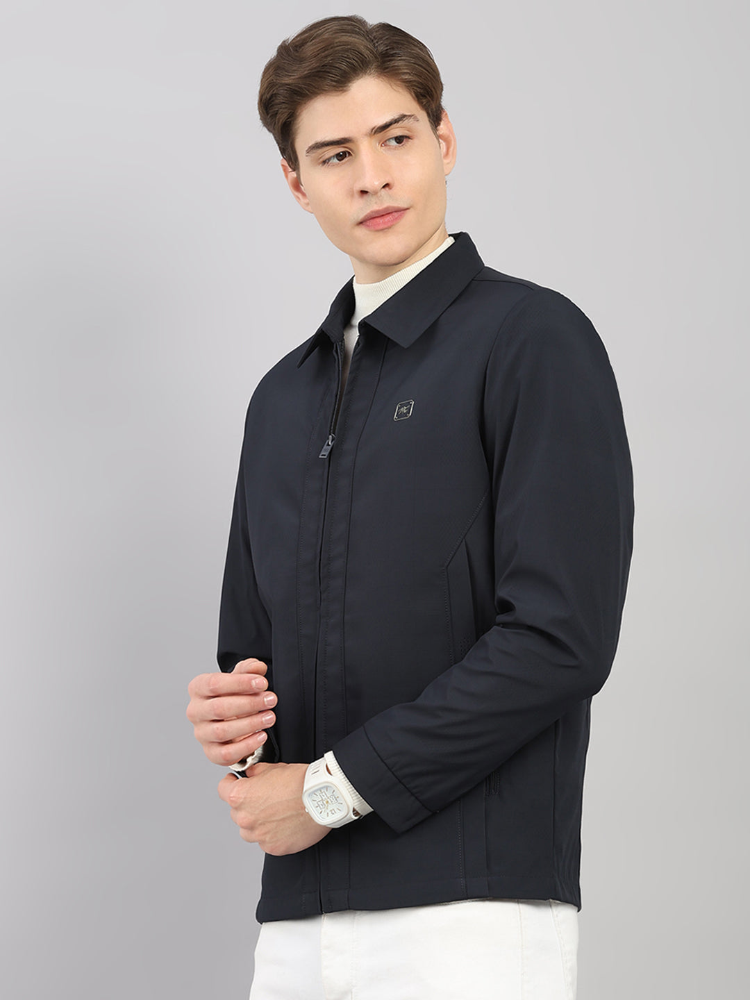 Men Navy Blue Solid Stand Collar Full Sleeve Jacket