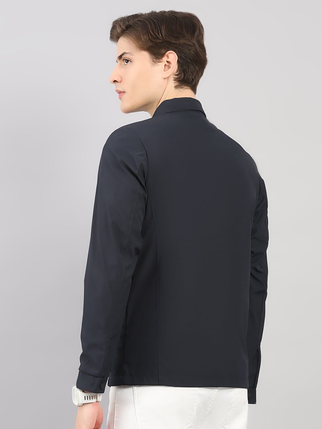 Men Navy Blue Solid Stand Collar Full Sleeve Jacket