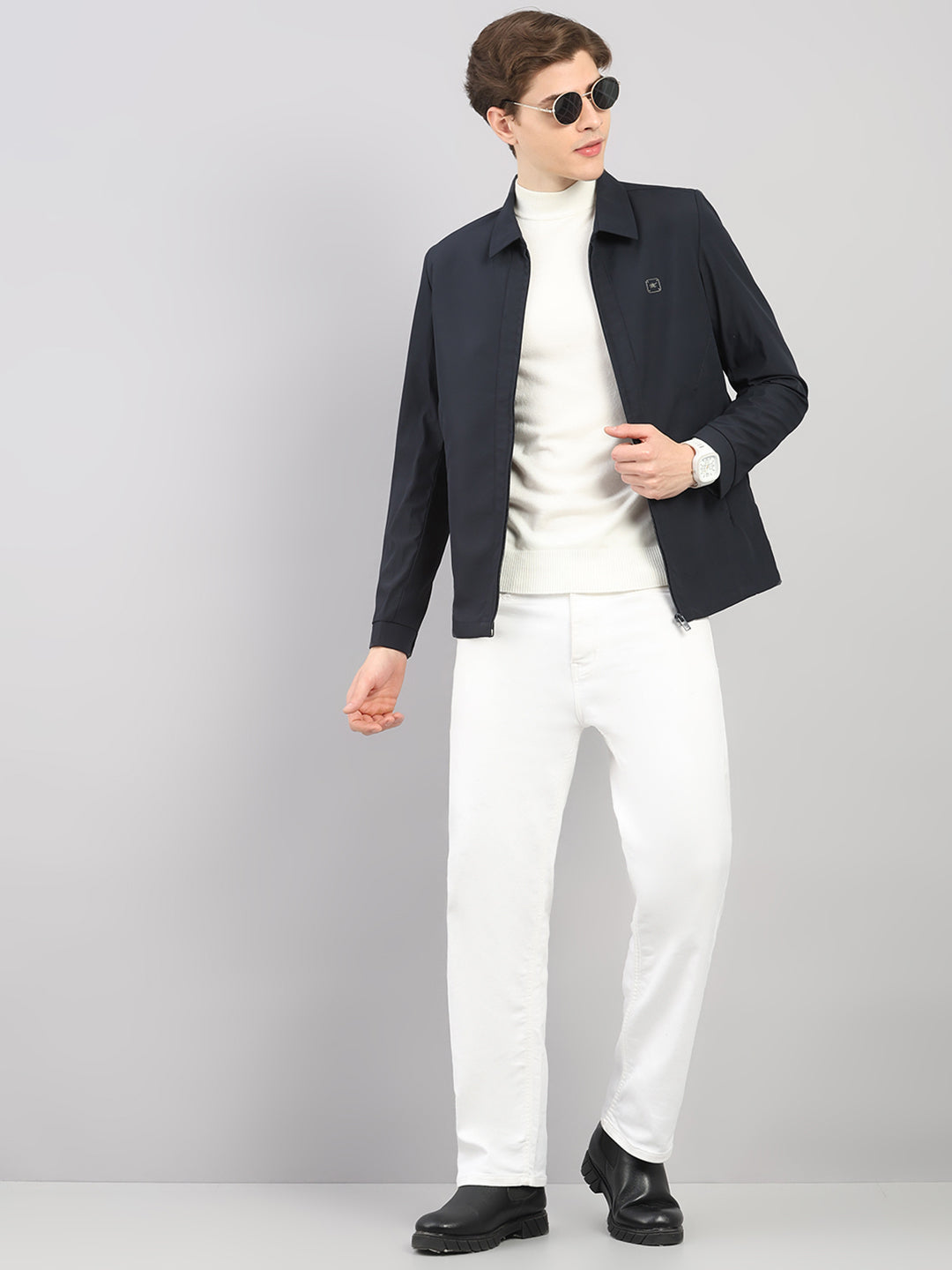 Men Navy Blue Solid Stand Collar Full Sleeve Jacket