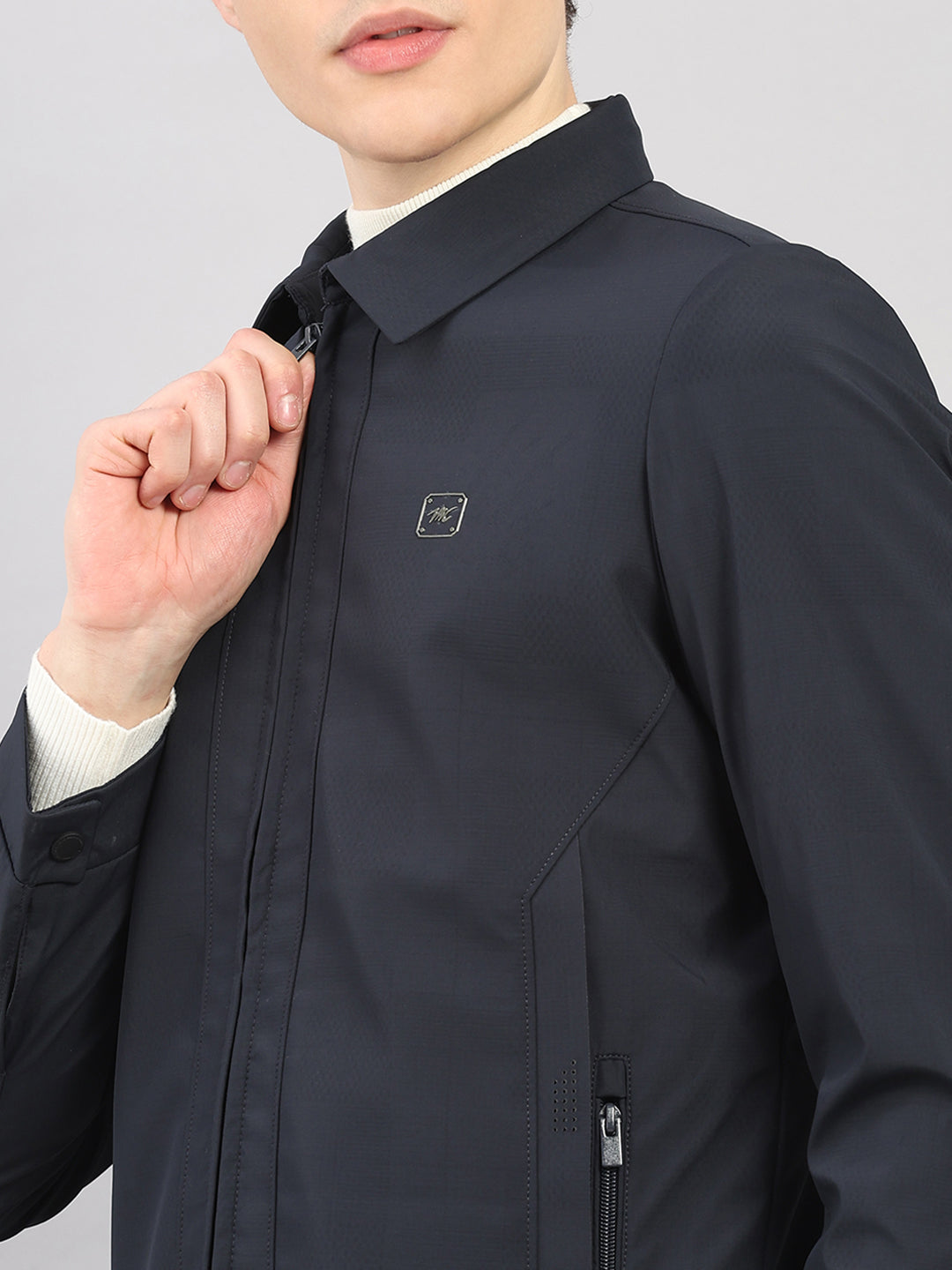 Men Navy Blue Solid Stand Collar Full Sleeve Jacket