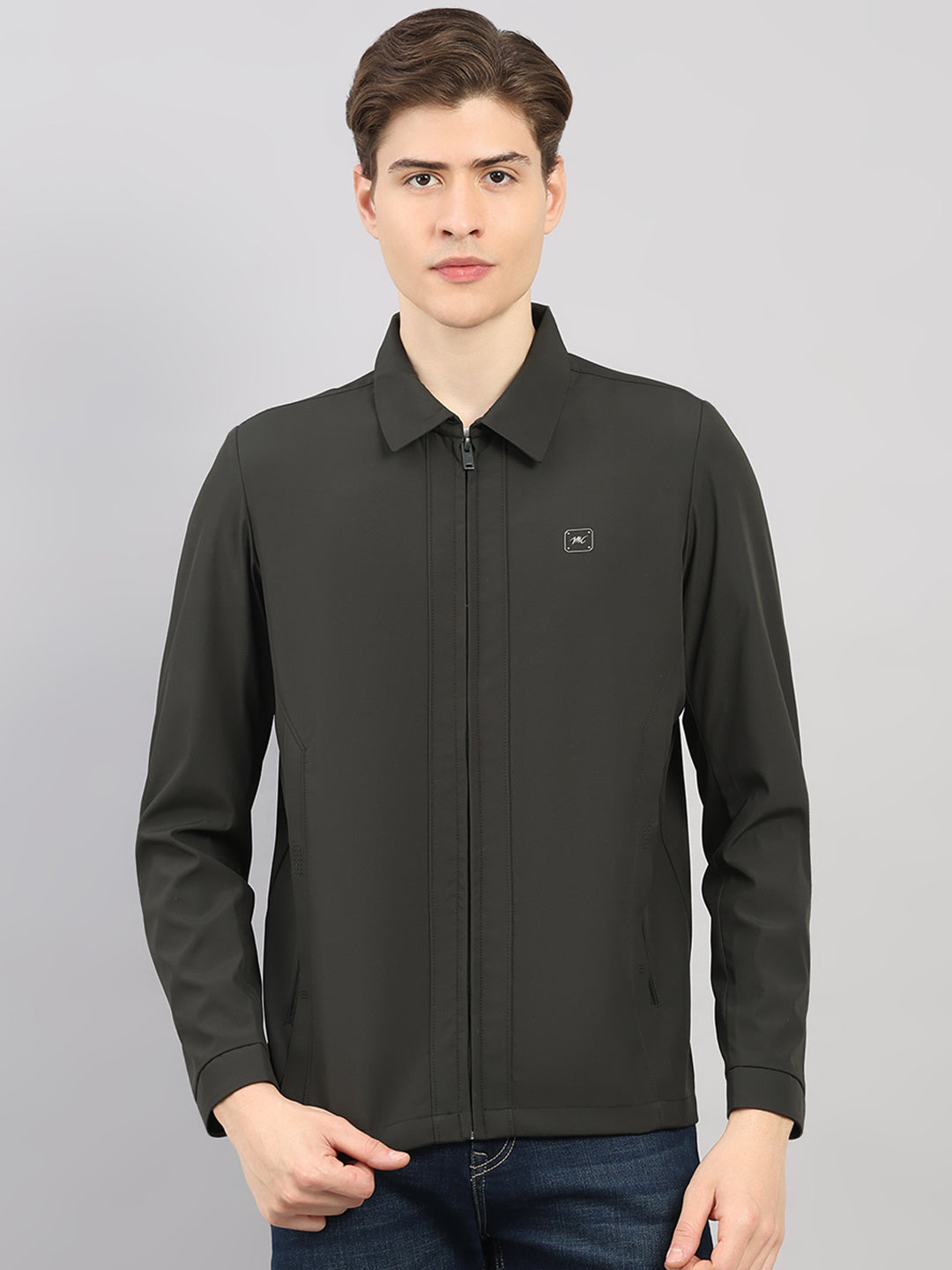 Men Dark Green Solid Stand Collar Full Sleeve Jacket