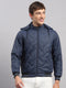 Men Blue Solid Hooded Full Sleeve Jacket