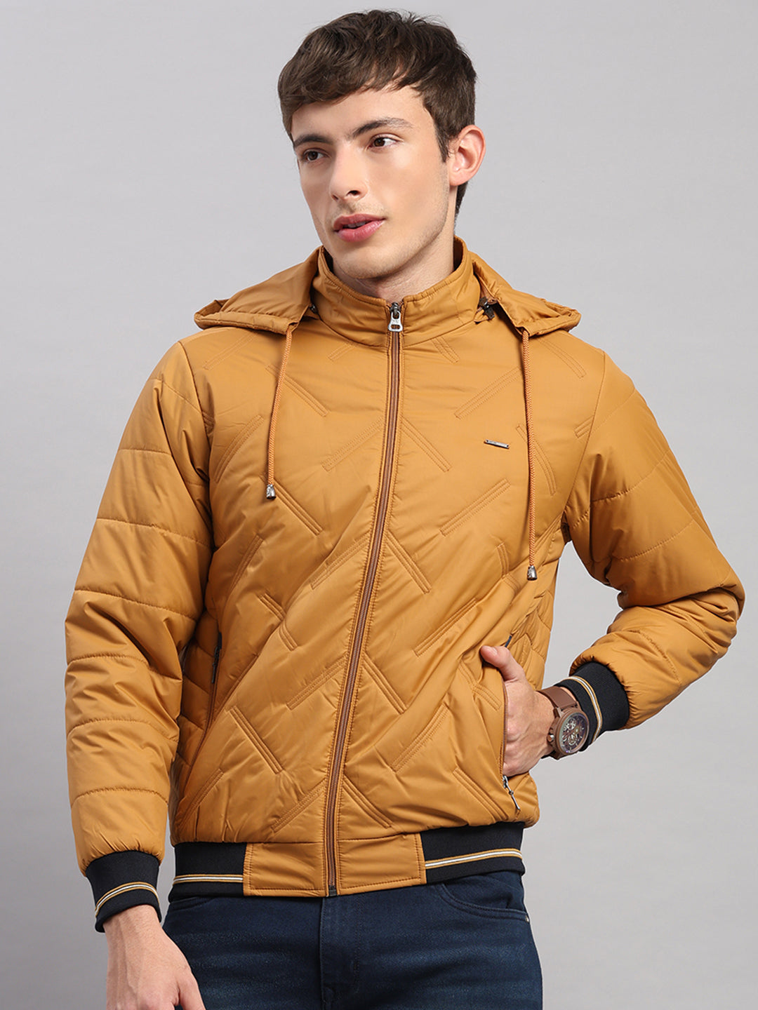 Men Golden Yellow Solid Hooded Full Sleeve Jacket
