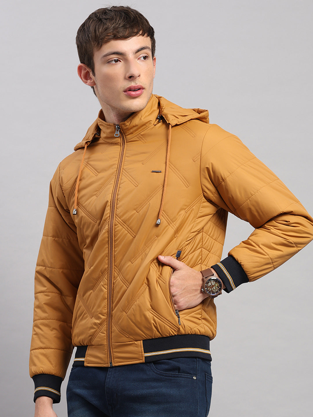 Men Golden Yellow Solid Hooded Full Sleeve Jacket